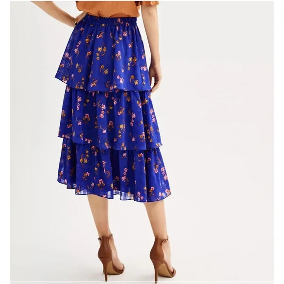 NEW Draper James RSVP Tiered Floral Ruffle Cobalt Blue Midi Skirt, Large - Picture 2 of 12